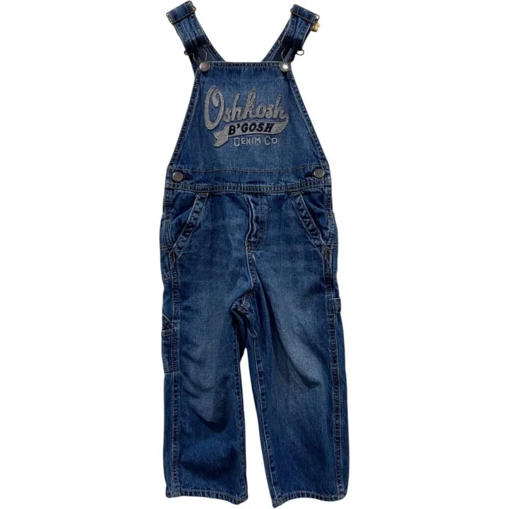 Oshkosh B'Gosh Denim Vestbak Overalls Size 3T Spellout Blue Jean Great pre-owned